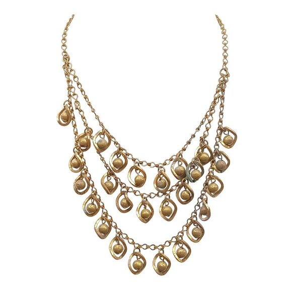 Vintage Multi-Layered Gold-Tone Necklace with Dangling Beads Dramatic Bib Choker - Picture 1 of 4